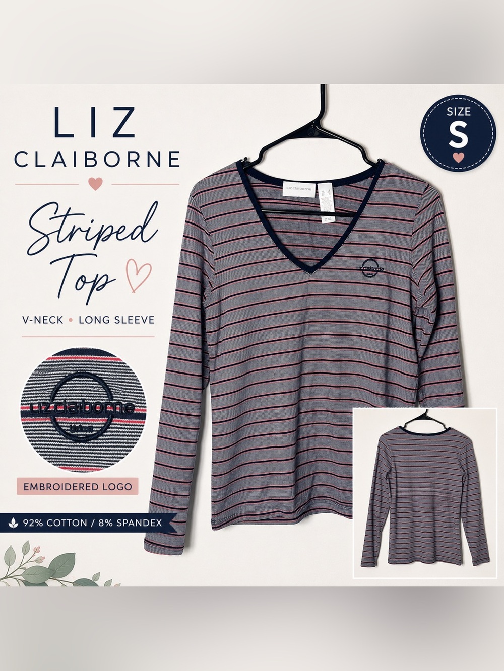 Liz Claiborne Navy, Pink & White Striped V‑Neck Long Sleeve Top